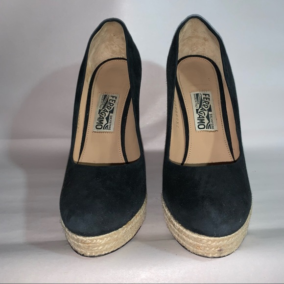 🍔SOLD🍔SALVATORE FERRAGAMO size 10 suede PLATFORM wedge heel ESPADRILLE pumps - Picture 5 of 12